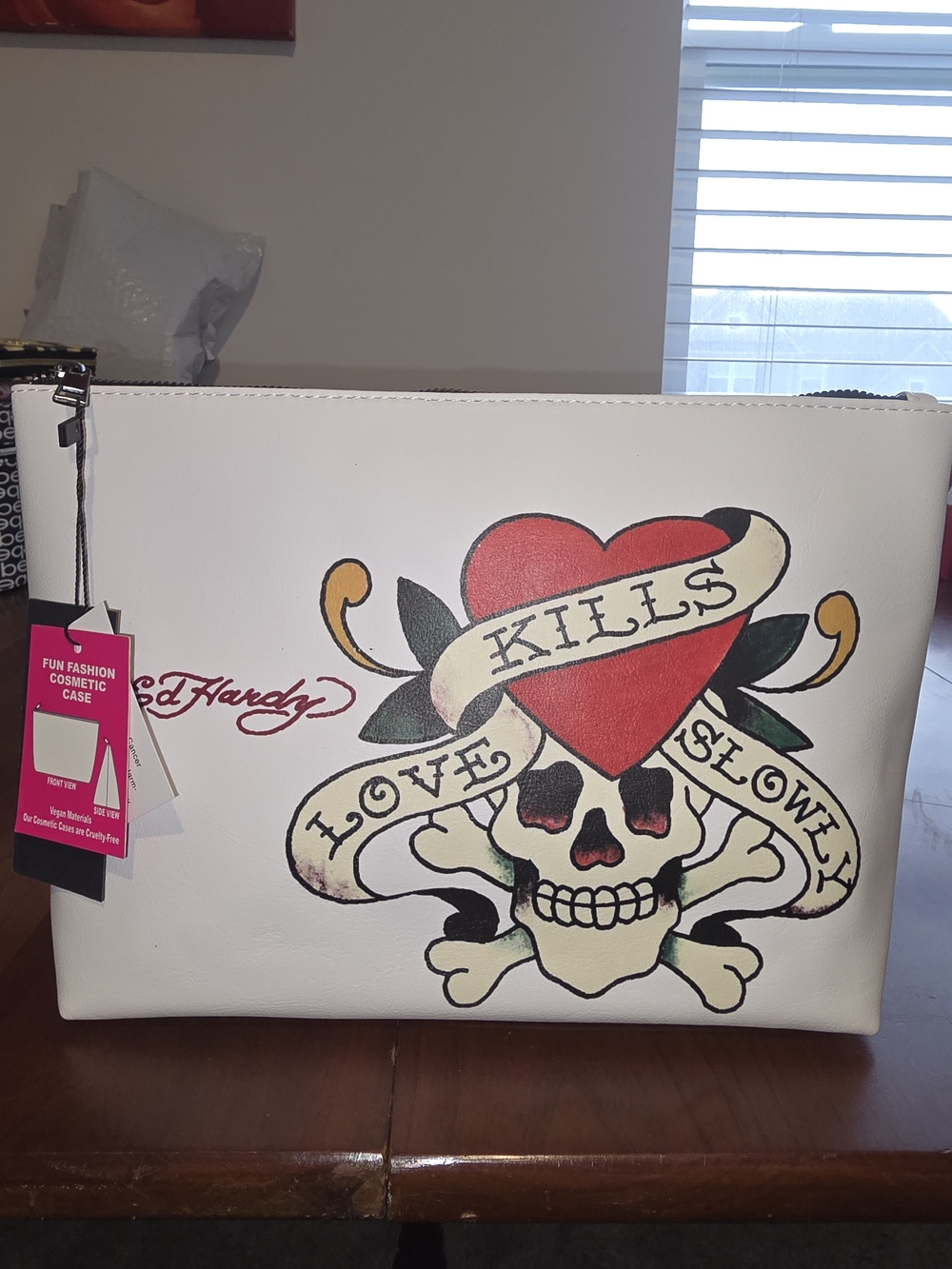 🌼 Ed Hardy NWT White Tattoo-Print Zip Pouch with Red Heart & Green Accents - Picture 2 of 7